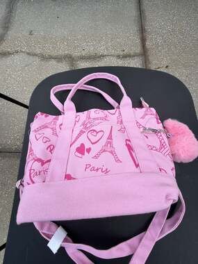 Becool Pink Paris Eiffel Tower Canvas Mini Tote Bag with Heart Pom Charm